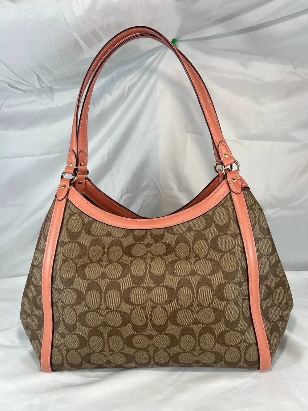 COACH C6232 Kristy Shoulder Bag In Signature Canvas Khaki Coral Pink EUC